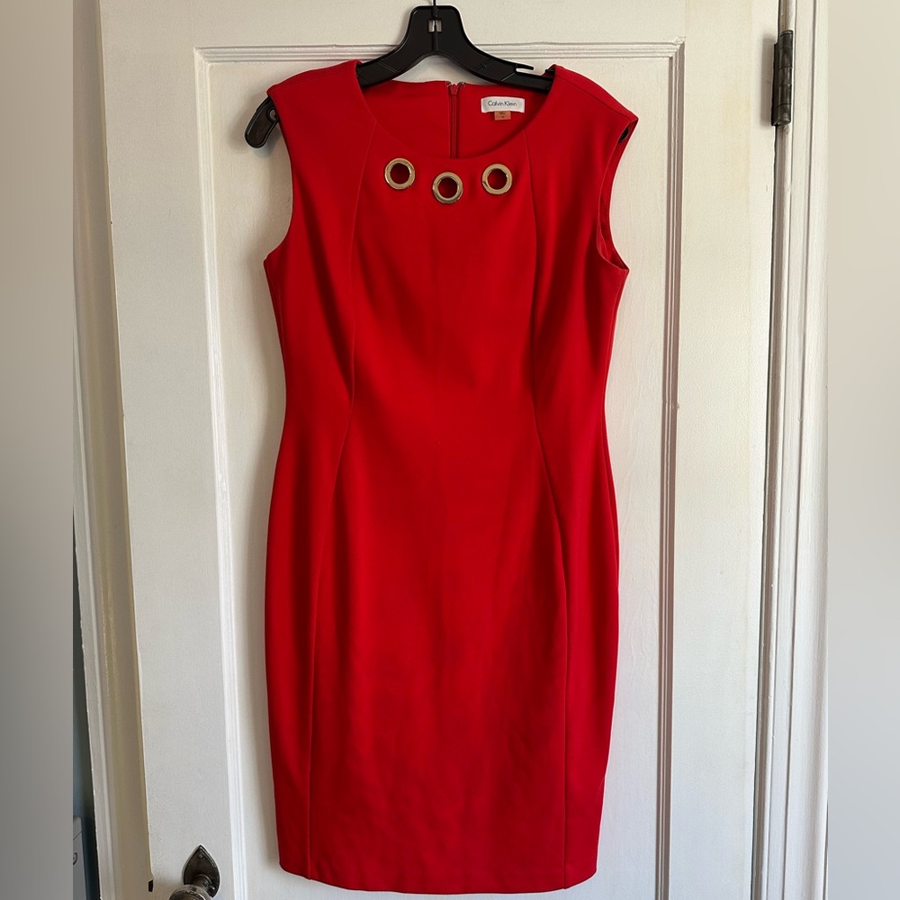 Calvin Klein red sheath dress with gold details size 10 Valentine’s Day